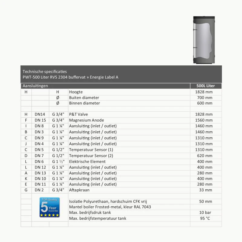 DUPLEX RVS Buffertank PWT-500 - 500L - Afbeelding 4