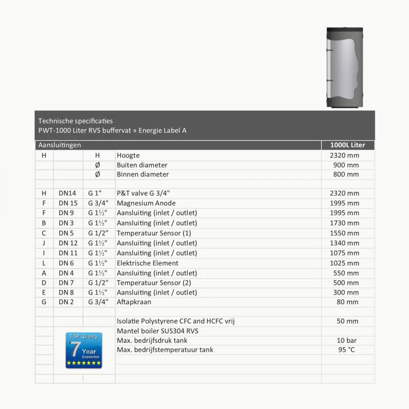 DUPLEX RVS Buffer tank PWT-1000 - 1000L - Afbeelding 2
