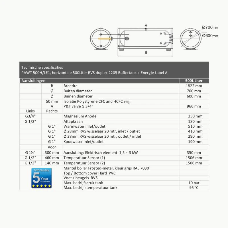 DUPLEX RVS Buffertank PWT-500H horizontaal - 500L - Afbeelding 4