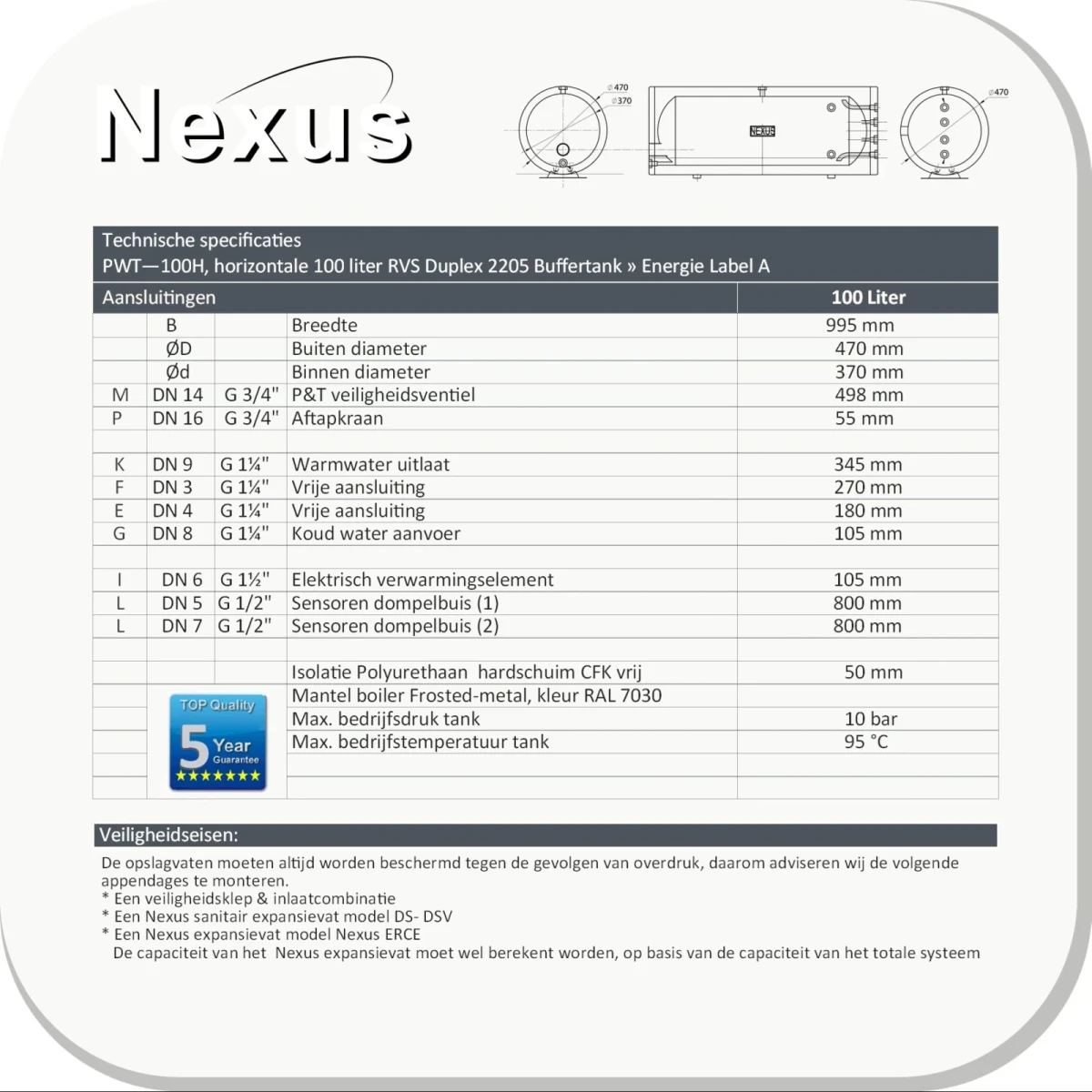 DUPLEX RVS Buffertank PWT-100H horizontaal - 100L - Afbeelding 4