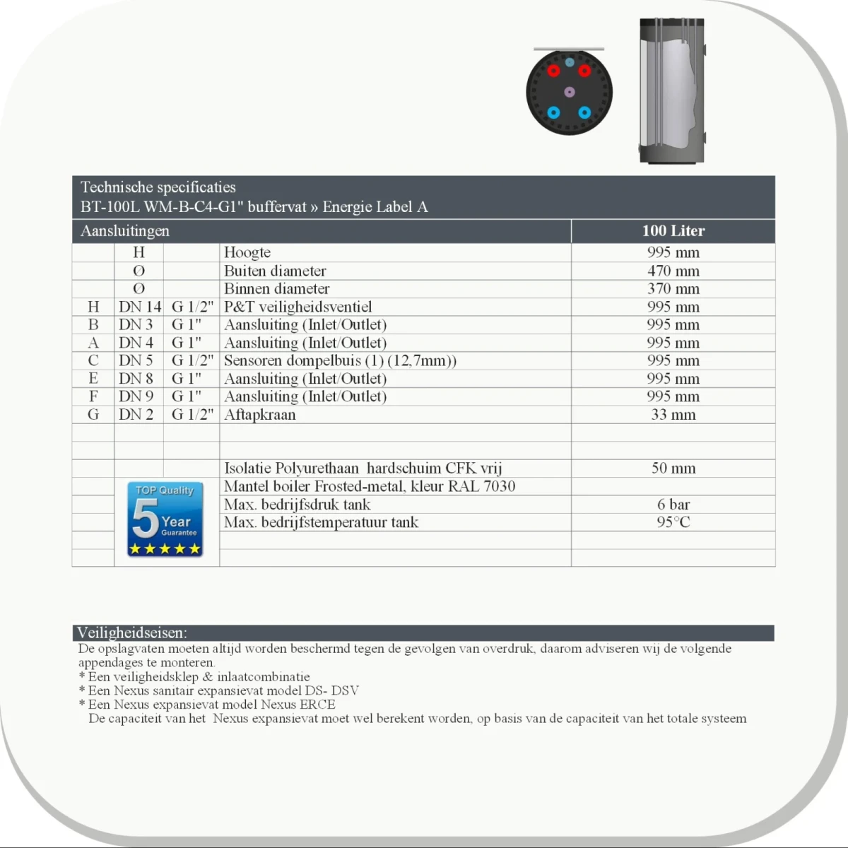 RVS Buffertank BT - boven aansluitingen - wandmontage - 100L - Afbeelding 3