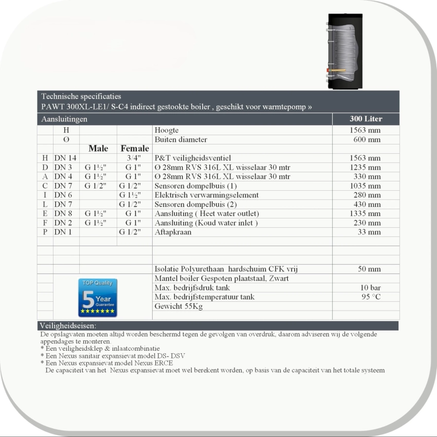 RVS Hygiëne boiler 300XL-LE1/ S-C4 Black - 300L - Afbeelding 3