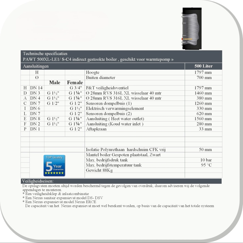 RVS Hygiëne boiler 500XL-LE1/ S-C4 Black - 500L - Afbeelding 3
