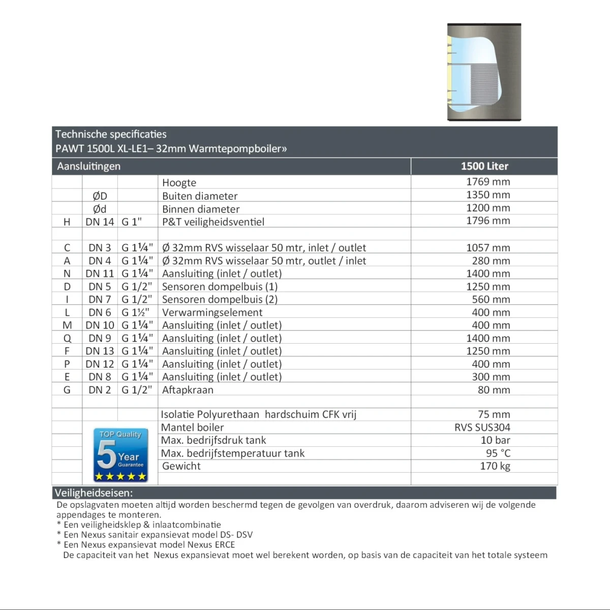 RVS Hygiëne boiler - 1500L - 1 XL 32mm warmtewisselaar - Afbeelding 6