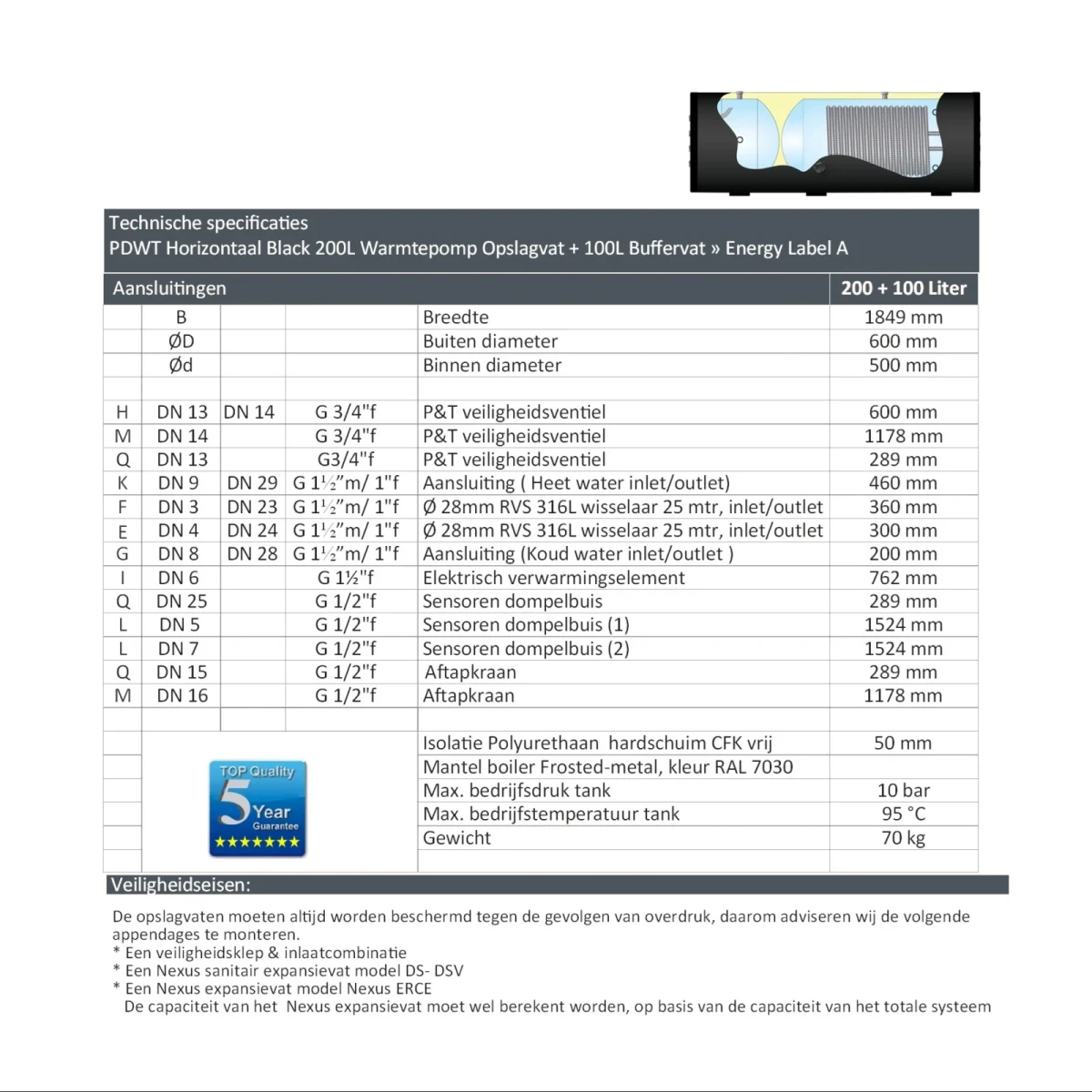 RVS Black series combi boiler horizontaal NXWT 200L + 100L buffer - Afbeelding 6