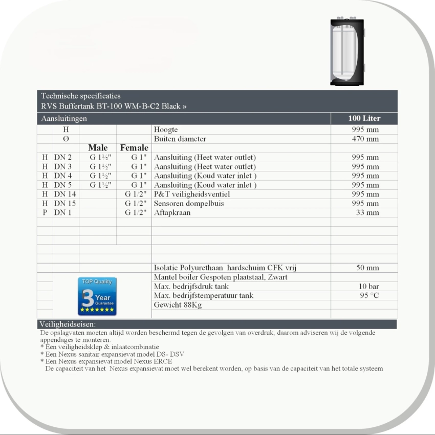 RVS Buffertank BT-100 WM-B-C4 Black - 100L - Afbeelding 4