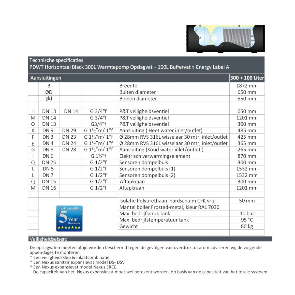 RVS Black series combi boiler horizontaal NXWT 300L + 100L buffer - Afbeelding 6