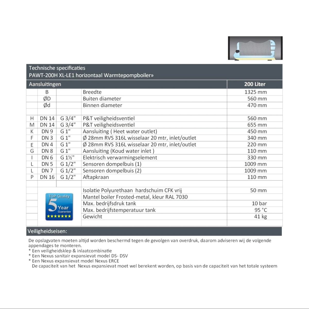 RVS boiler horizontaal - 200L - 1 XL 28mm warmtewisselaar - Afbeelding 6