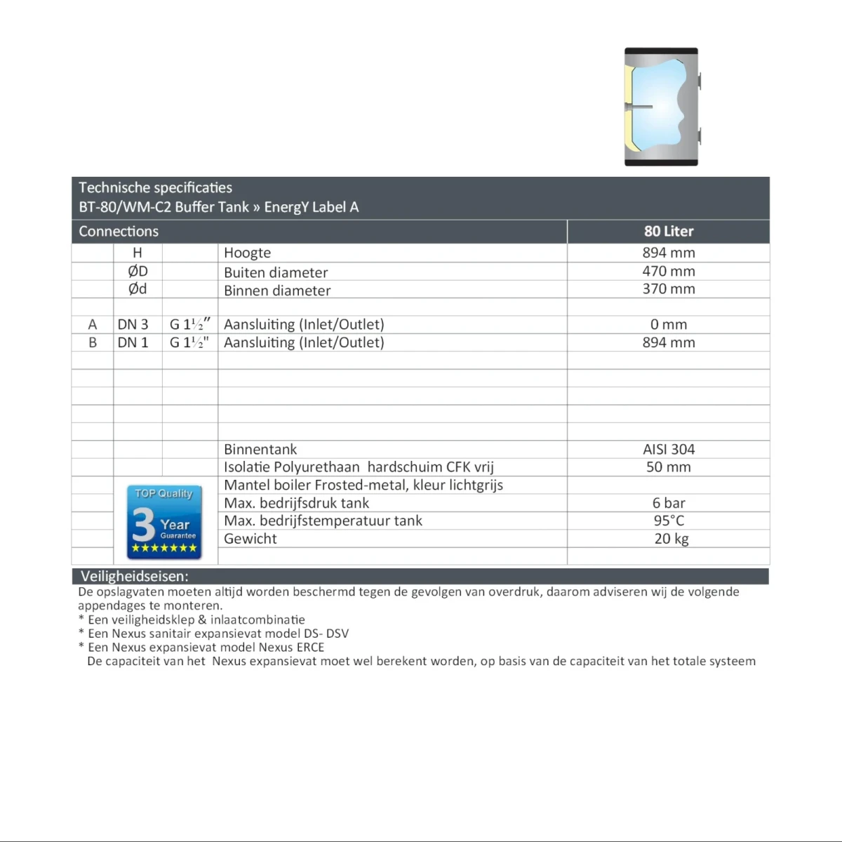 RVS buffervat - 2 aansluitingen - vloer/wand model - 80L - Afbeelding 7