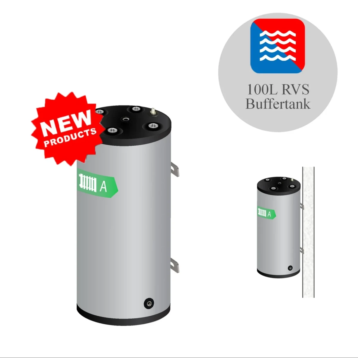 RVS buffervat - boven aansluitingen - vloer/wand model - 100L