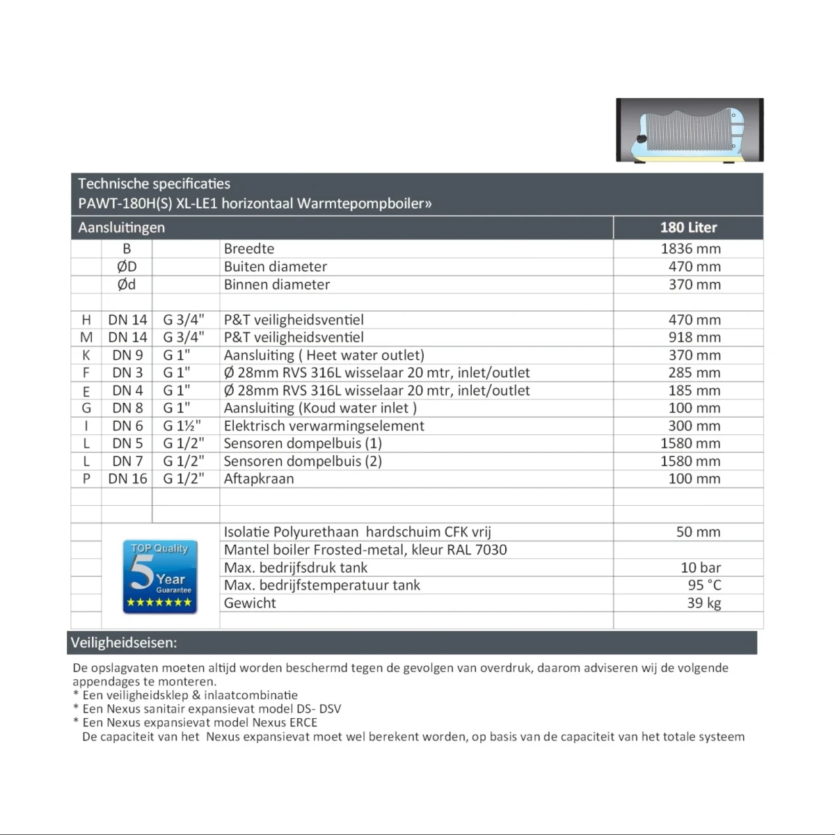 RVS Hygiëne boiler horizontaal - 180L - 1 XL 28mm warmtewisselaar - Afbeelding 6