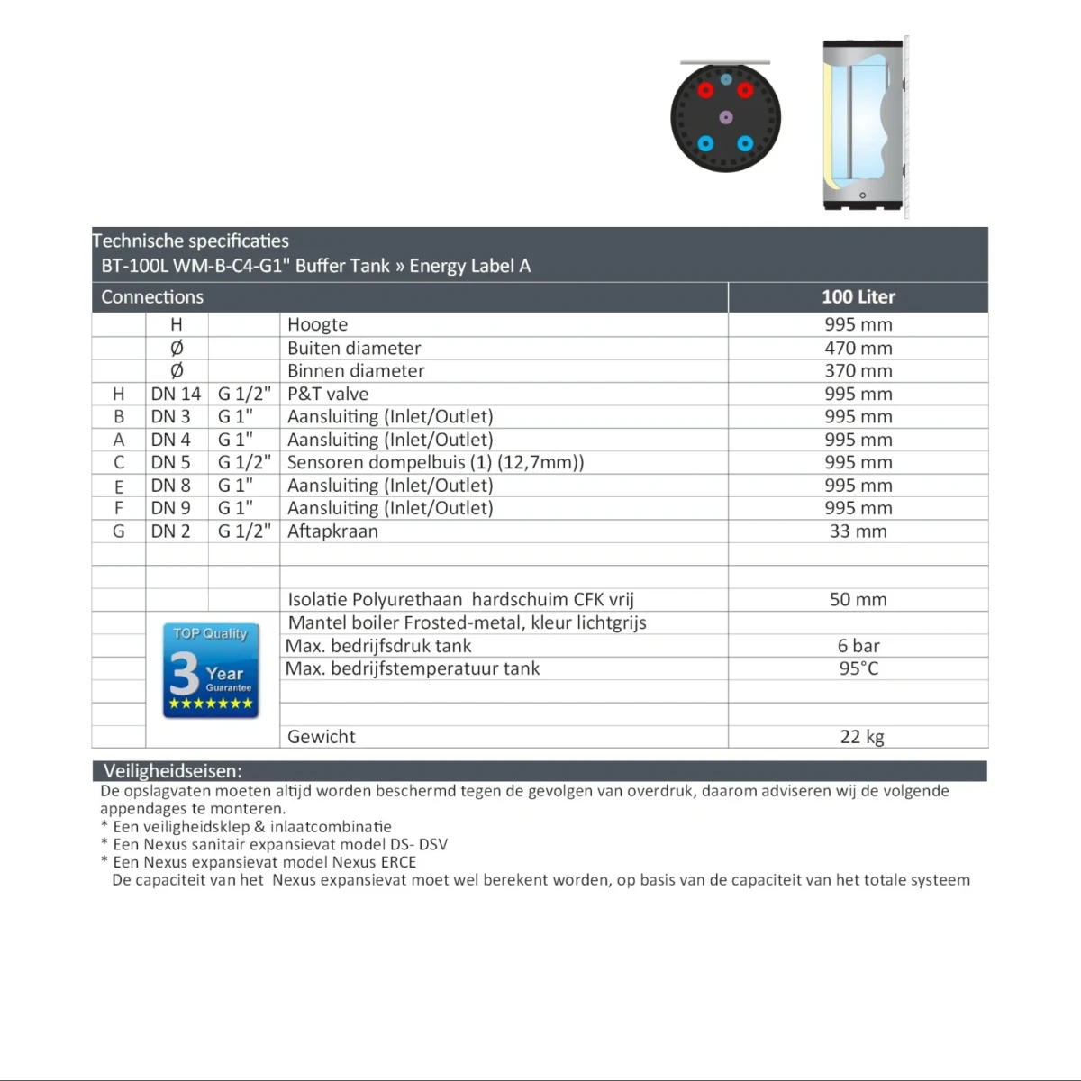RVS buffervat - boven aansluitingen - vloer/wand model - 100L - Afbeelding 6