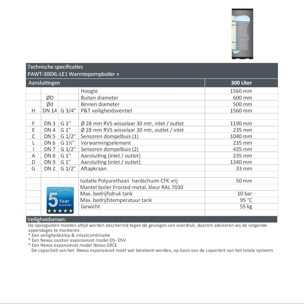 RVS Hygiëne boiler - 300L - 1 XL 28mm warmtewisselaar - Afbeelding 7