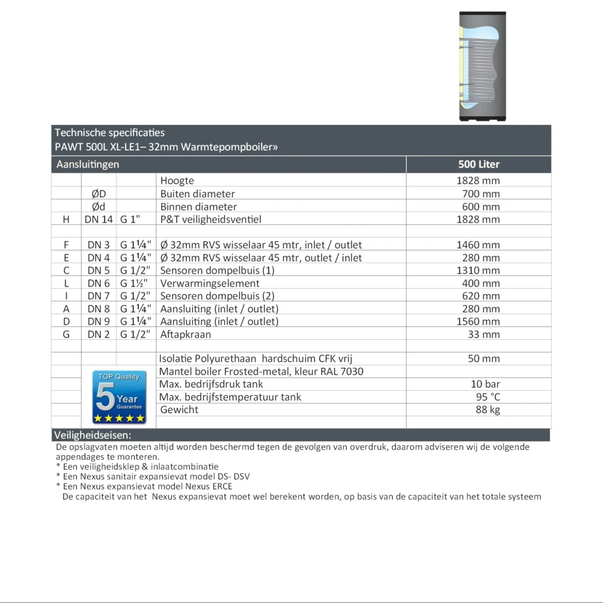 RVS Hygiëne boiler - 500L - 1 XL 32mm warmtewisselaar - Afbeelding 6