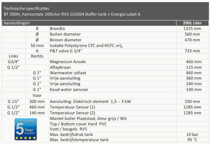 RVS Anti Pendel Buffertank BT-200H - 200L - Afbeelding 3