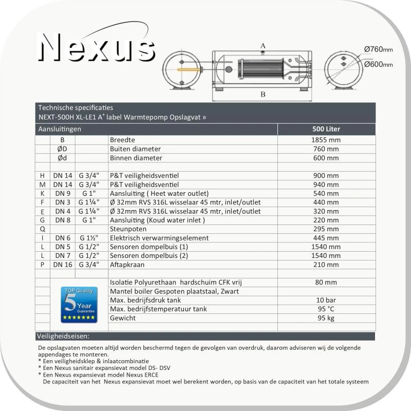 RVS boiler horizontaal - 500L - 1 XL warmtewisselaar - A+ - Afbeelding 2